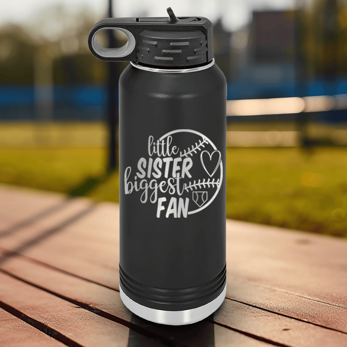 Black Baseball Water Bottle With Cheering From The Sidelines Sister Design