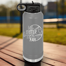 Load image into Gallery viewer, Grey Baseball Water Bottle With Cheering From The Sidelines Sister Design
