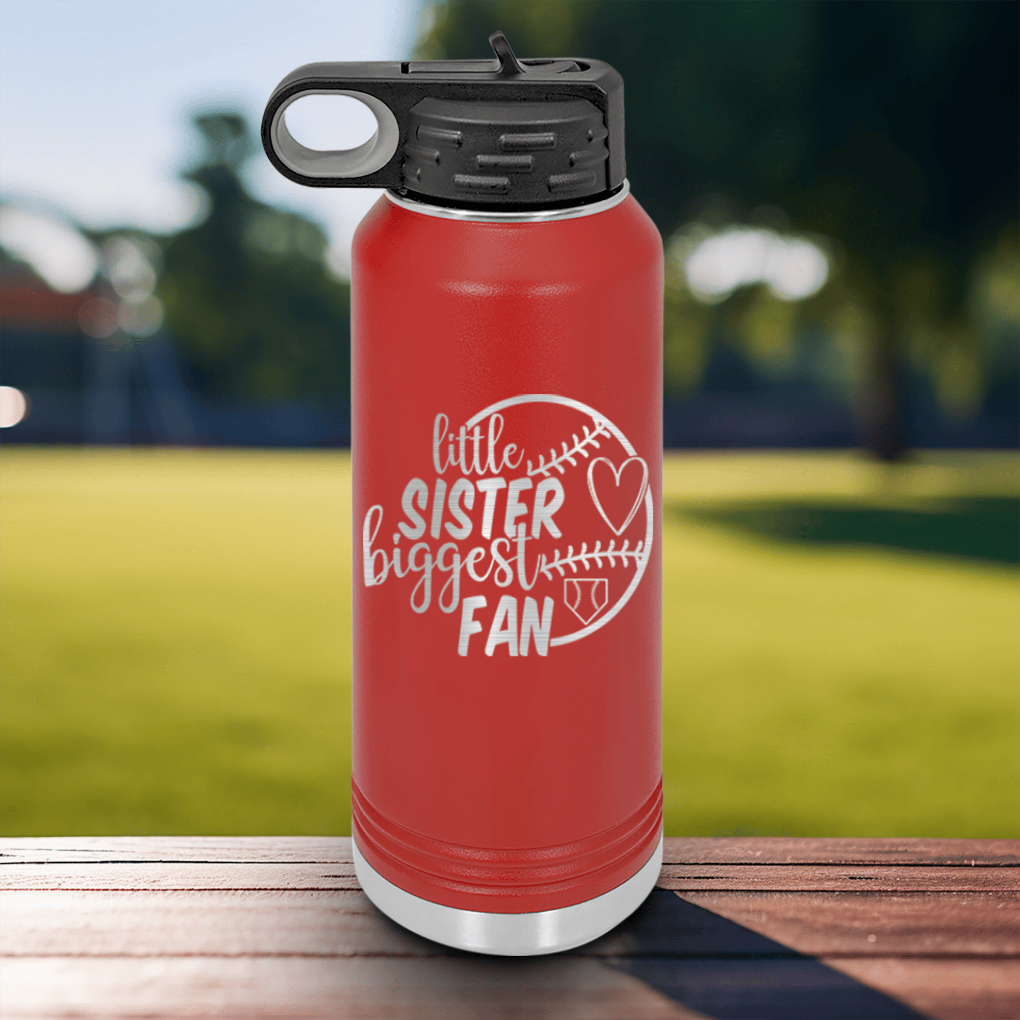 Red Baseball Water Bottle With Cheering From The Sidelines Sister Design