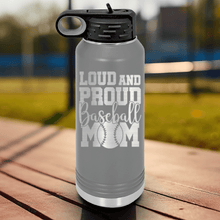 Load image into Gallery viewer, Grey Baseball Water Bottle With Echoing Cheers From The Diamond Design
