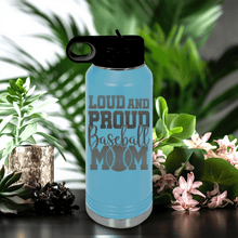 Load image into Gallery viewer, Light Blue Baseball Water Bottle With Echoing Cheers From The Diamond Design
