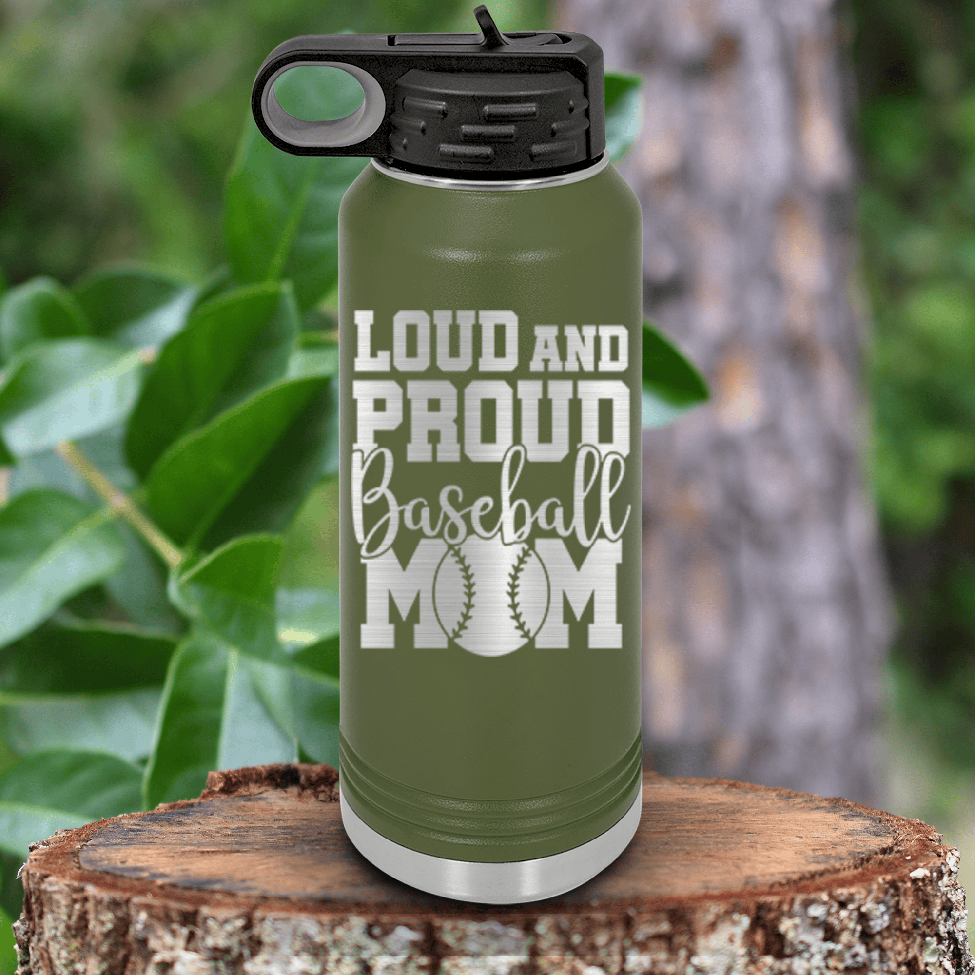 Military Green Baseball Water Bottle With Echoing Cheers From The Diamond Design