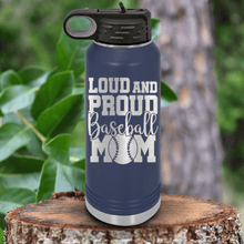 Load image into Gallery viewer, Navy Baseball Water Bottle With Echoing Cheers From The Diamond Design
