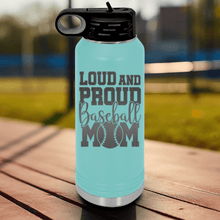 Load image into Gallery viewer, Teal Baseball Water Bottle With Echoing Cheers From The Diamond Design
