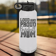 Load image into Gallery viewer, White Baseball Water Bottle With Echoing Cheers From The Diamond Design
