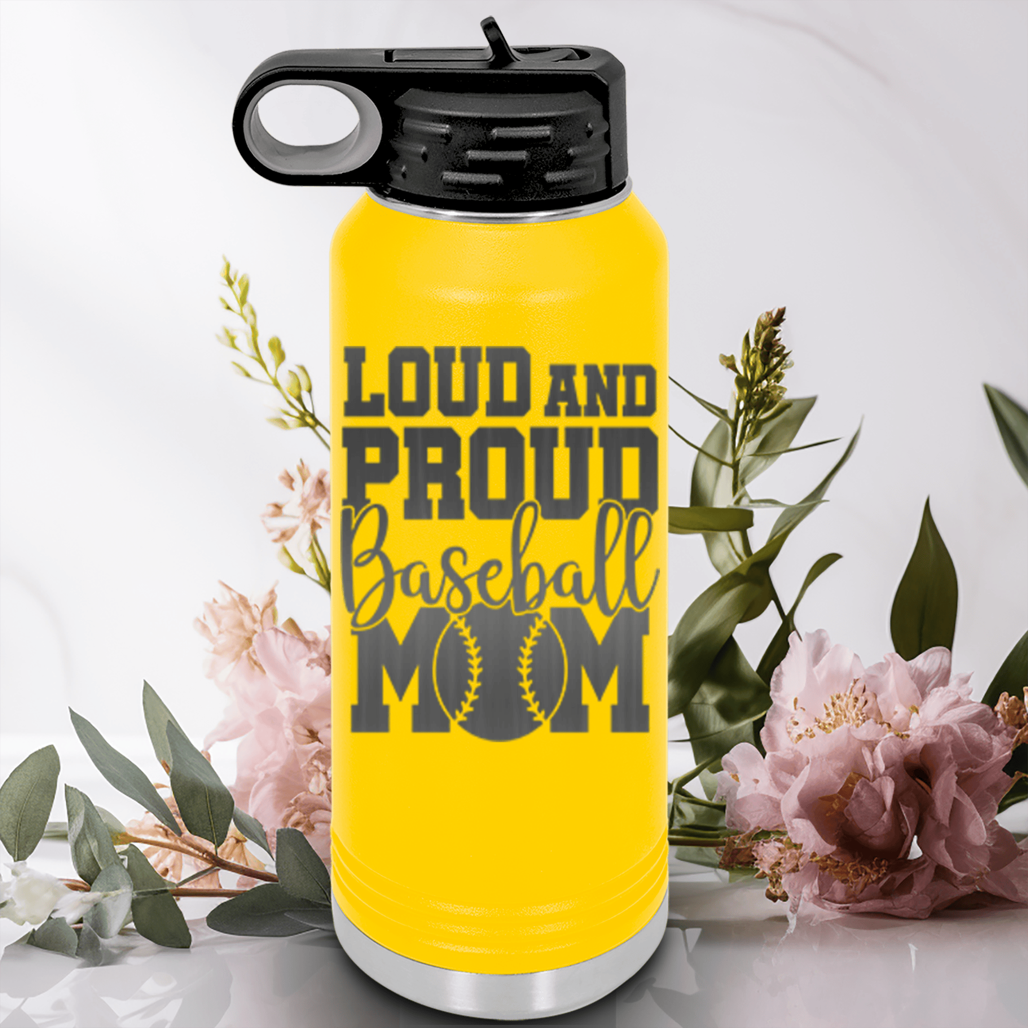 Yellow Baseball Water Bottle With Echoing Cheers From The Diamond Design
