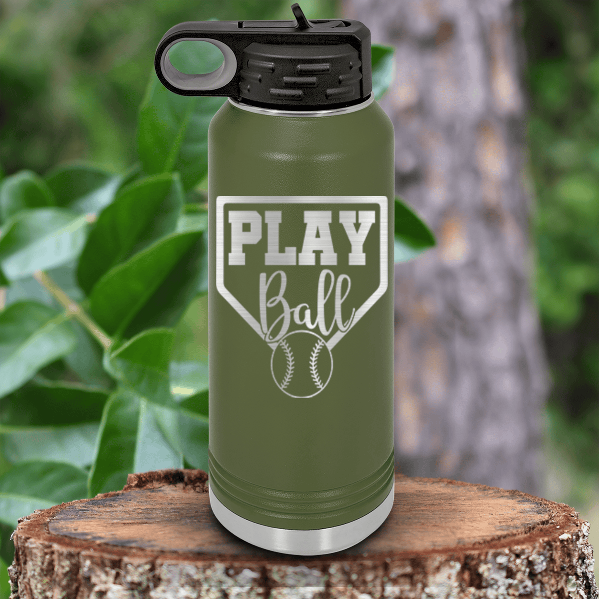 Military Green Baseball Water Bottle With Its Game Time Design