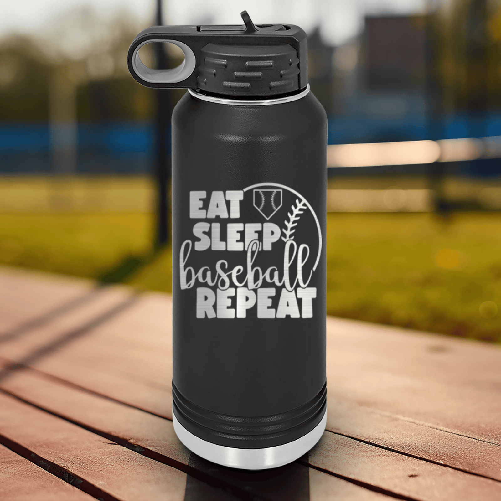 Black Baseball Water Bottle With Lifes Rythm Baseball Design
