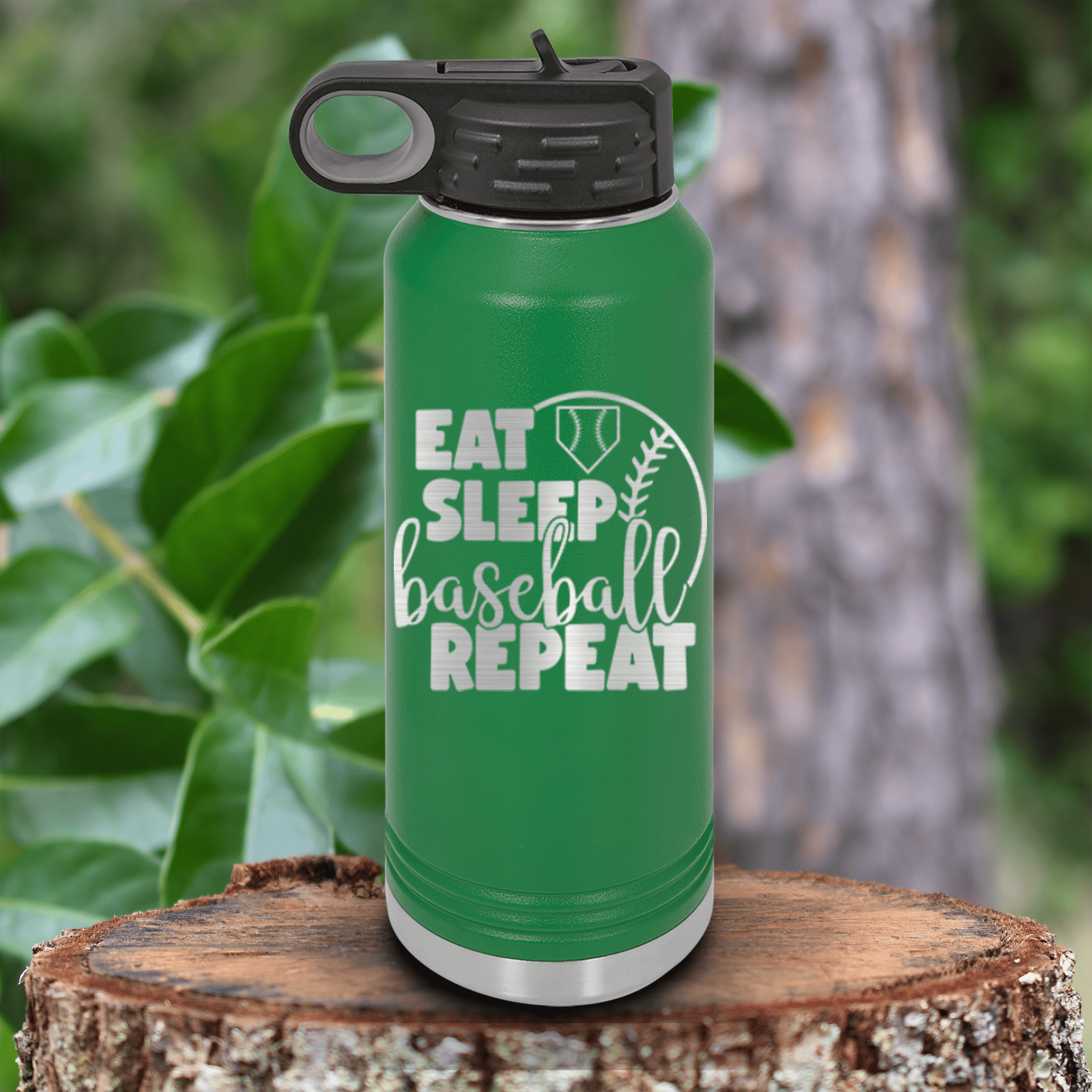 Green Baseball Water Bottle With Lifes Rythm Baseball Design