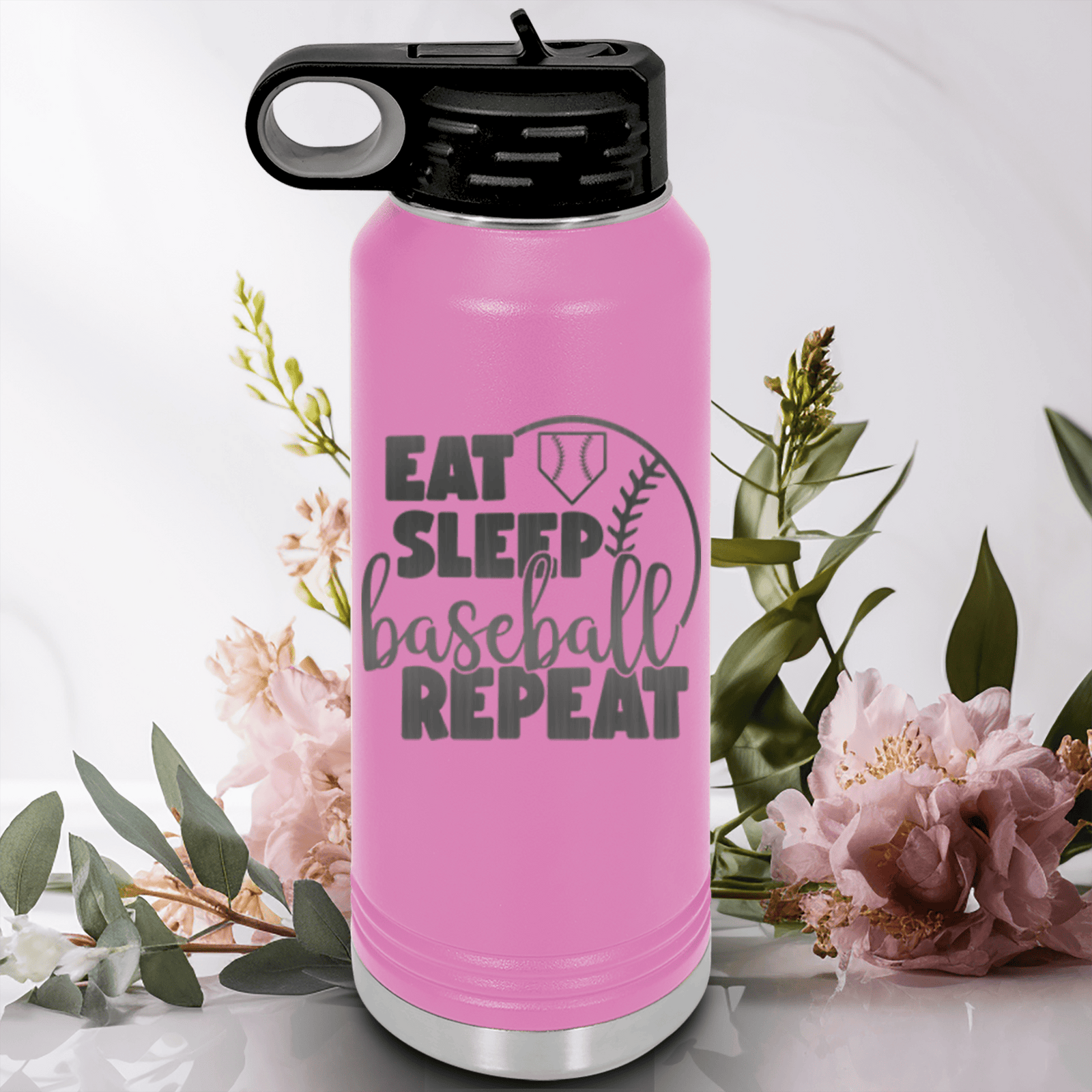 Light Purple Baseball Water Bottle With Lifes Rythm Baseball Design