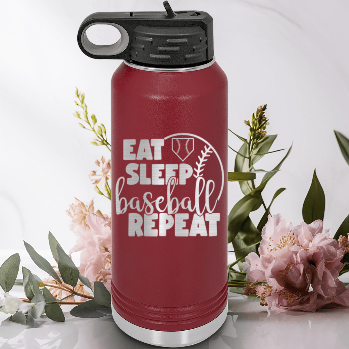 Maroon Baseball Water Bottle With Lifes Rythm Baseball Design