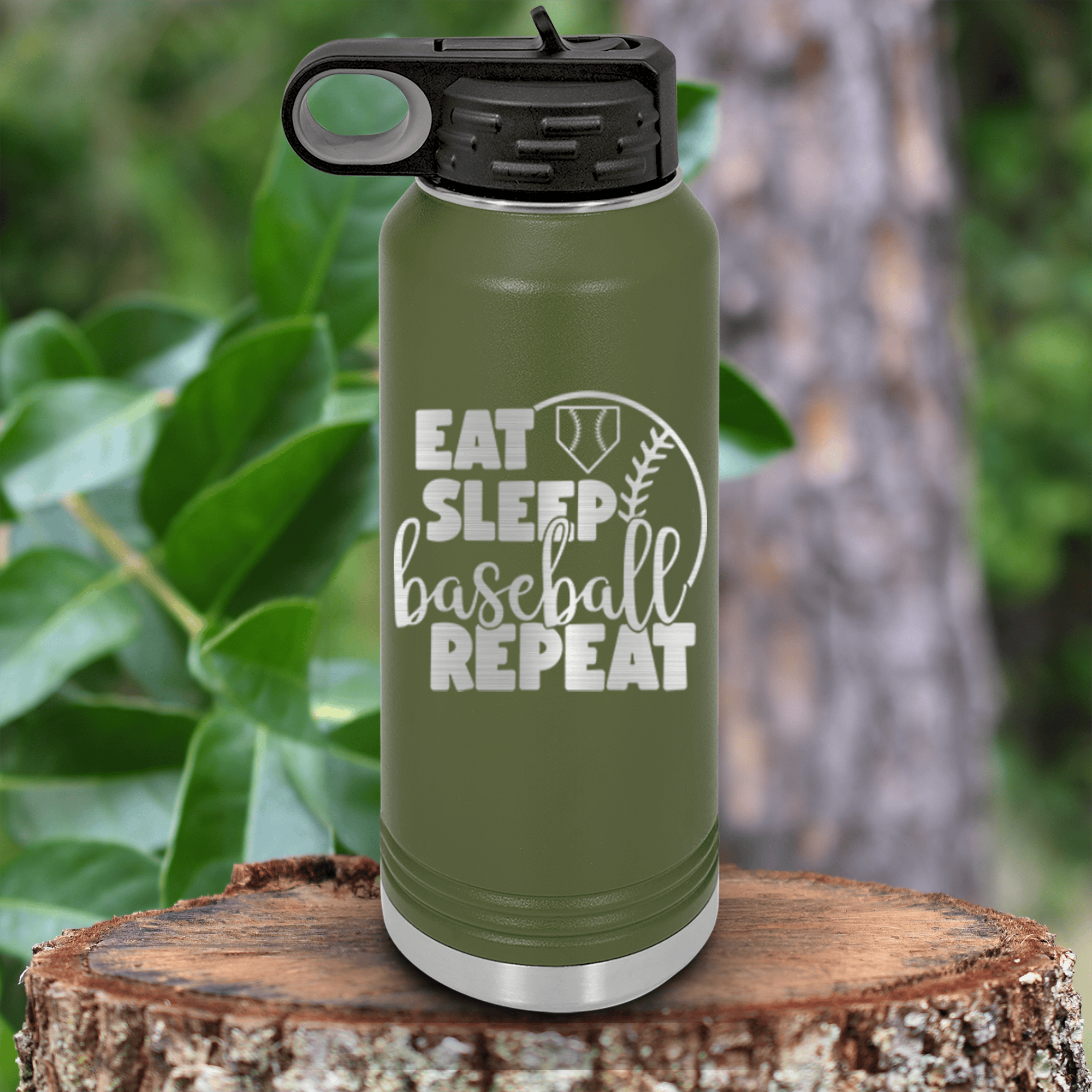 Military Green Baseball Water Bottle With Lifes Rythm Baseball Design
