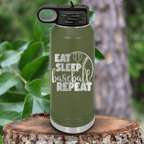 Military Green Baseball Water Bottle With Lifes Rythm Baseball Design