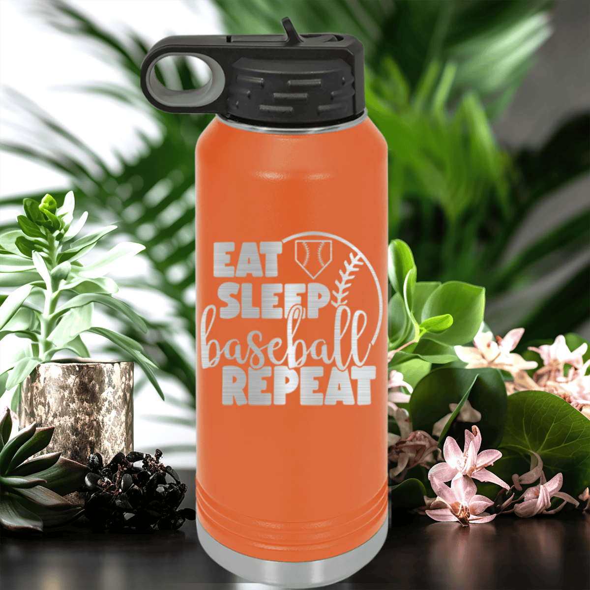 Orange Baseball Water Bottle With Lifes Rythm Baseball Design