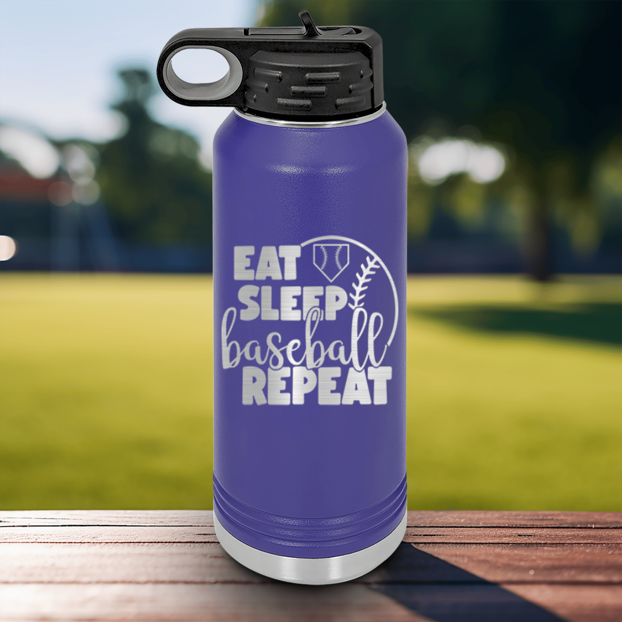 Purple Baseball Water Bottle With Lifes Rythm Baseball Design