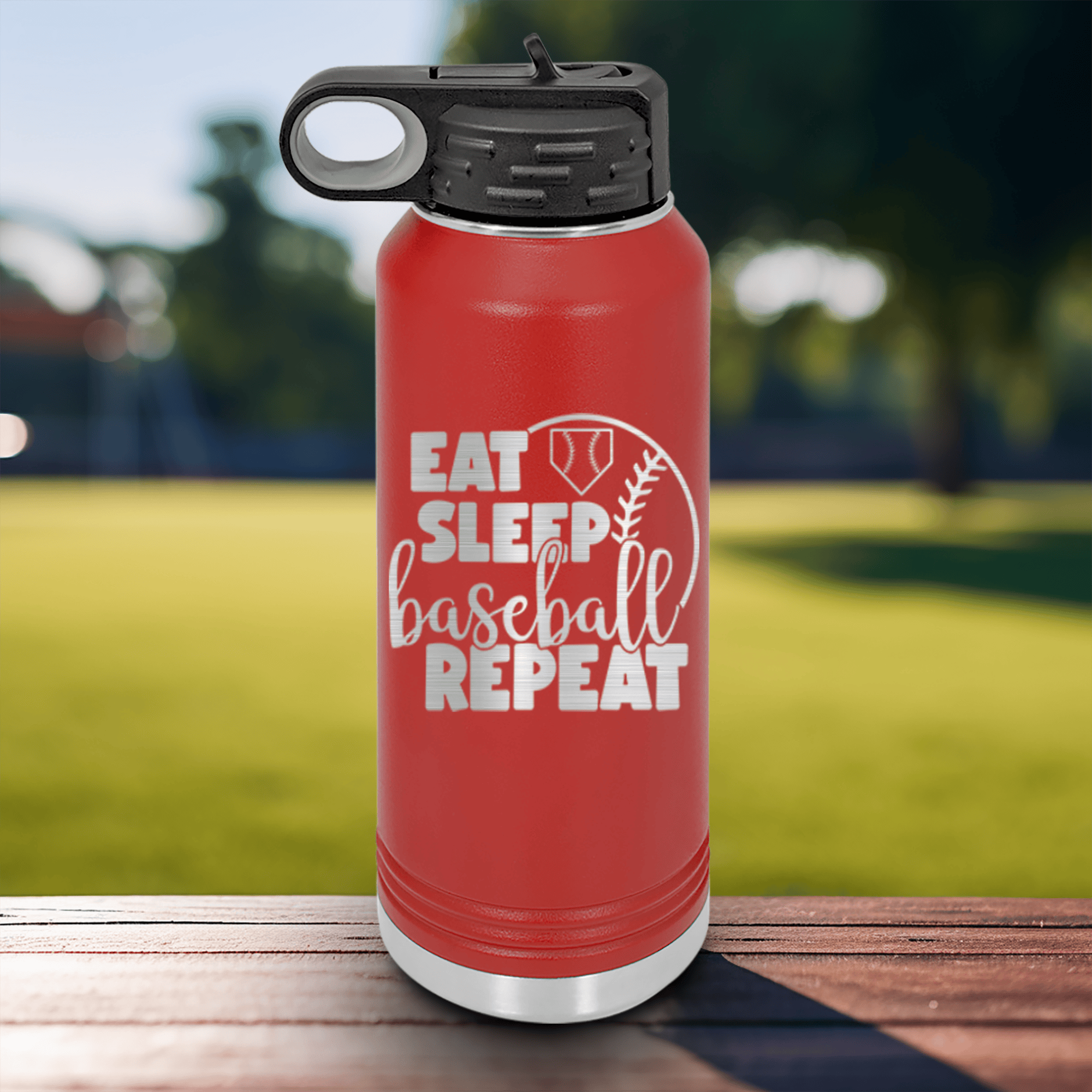 Red Baseball Water Bottle With Lifes Rythm Baseball Design