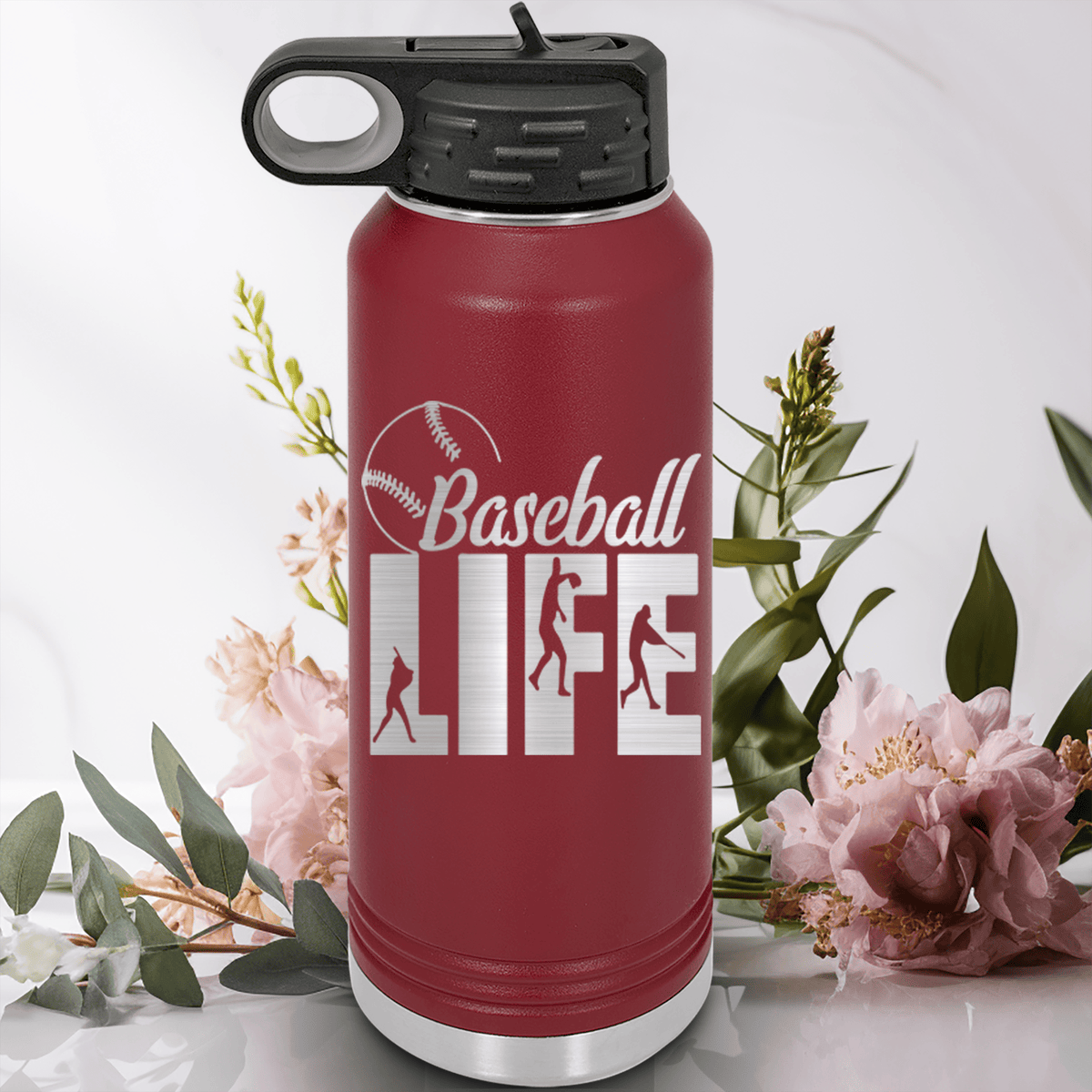 Maroon Baseball Water Bottle With Living The Diamond Dream Design