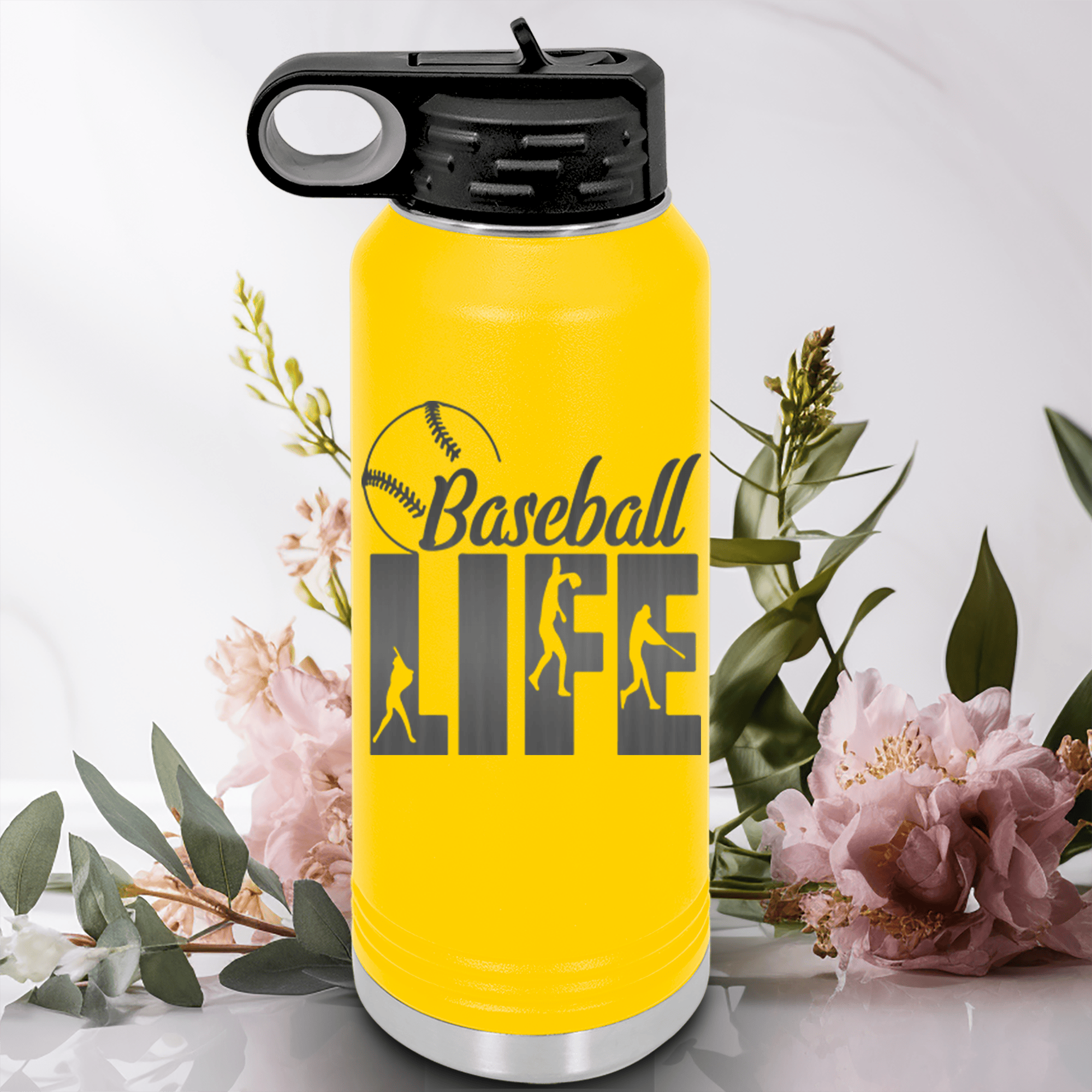 Yellow Baseball Water Bottle With Living The Diamond Dream Design