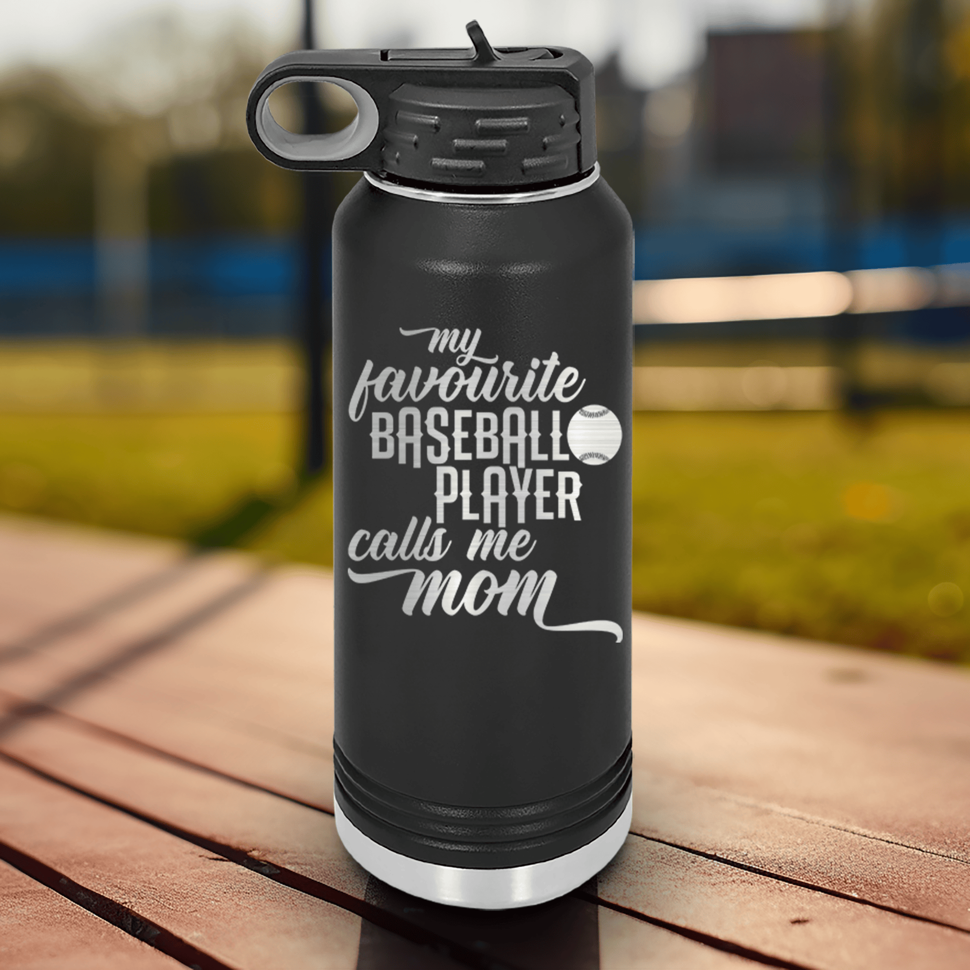 Black Baseball Water Bottle With Moms Mvp On The Diamond Design