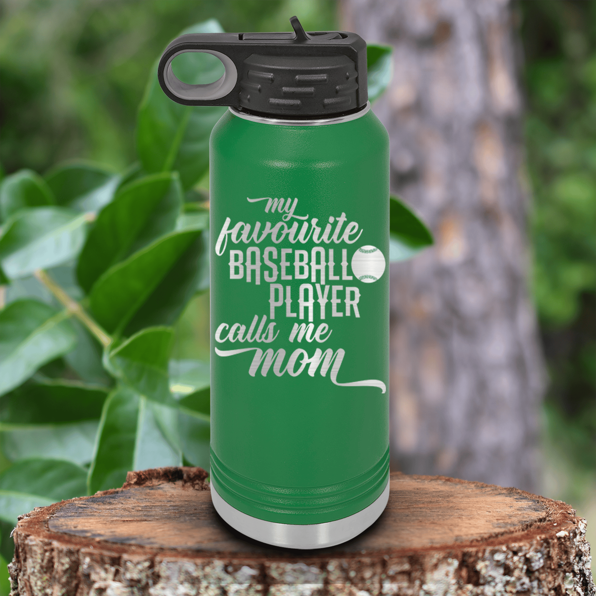 Green Baseball Water Bottle With Moms Mvp On The Diamond Design