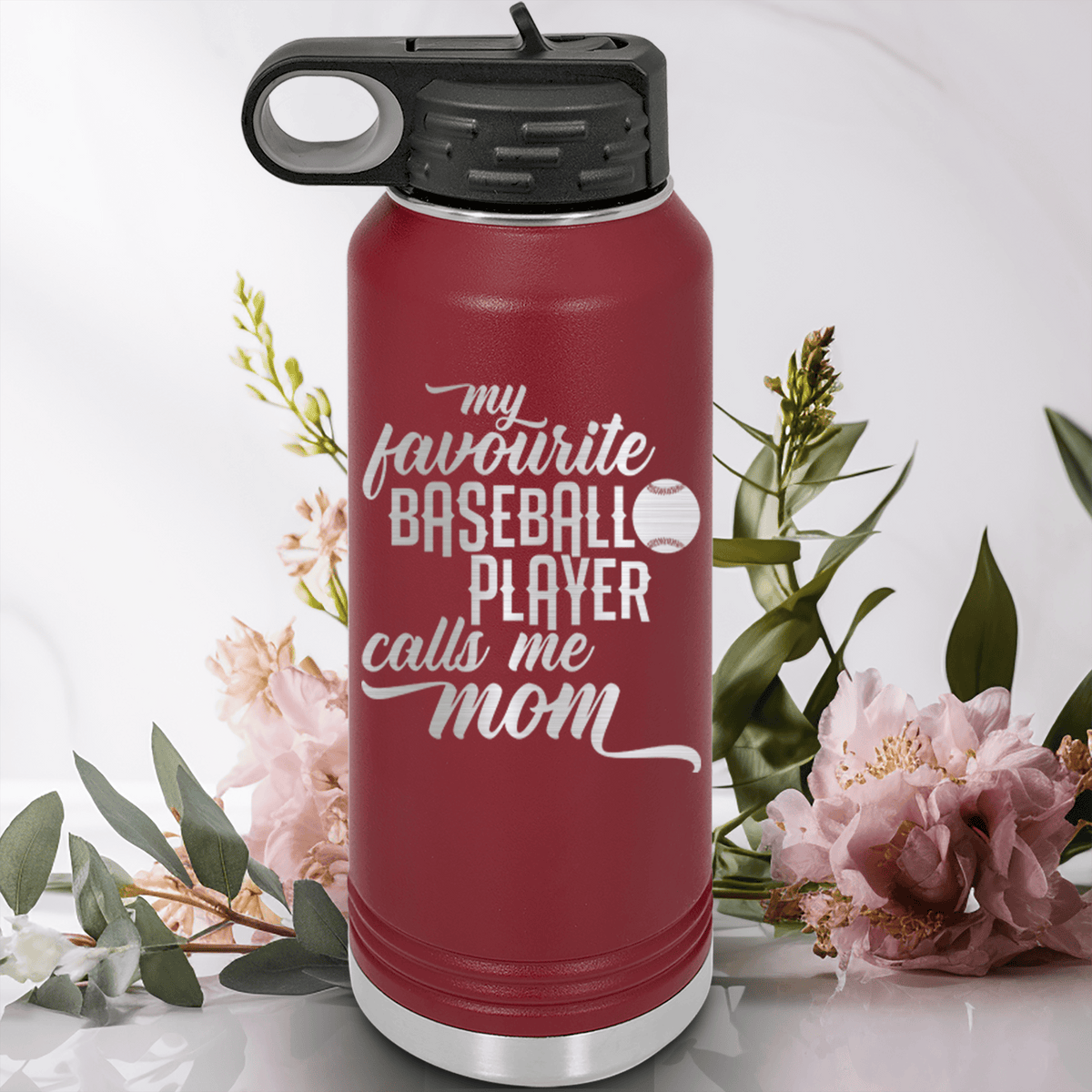 Maroon Baseball Water Bottle With Moms Mvp On The Diamond Design