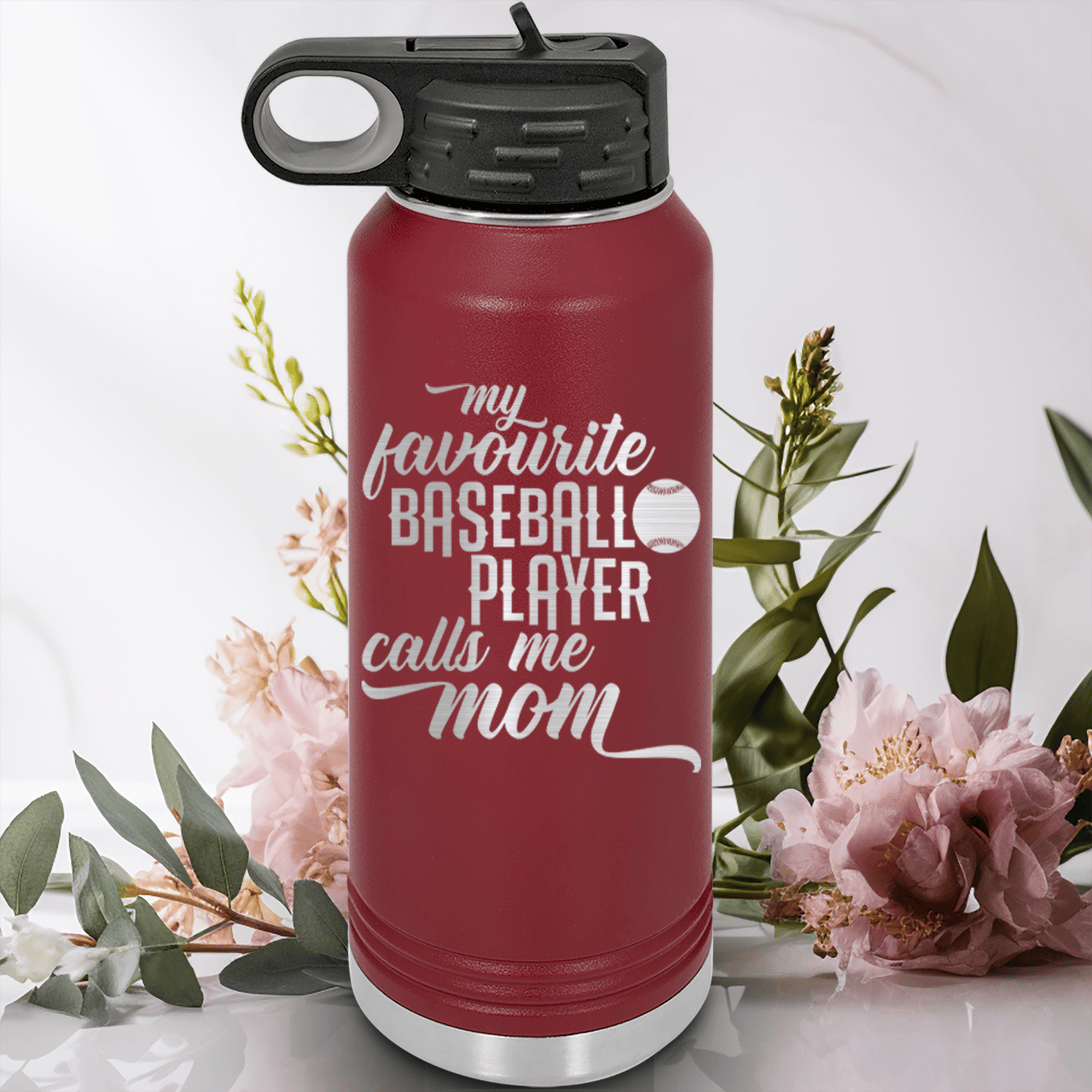 Maroon Baseball Water Bottle With Moms Mvp On The Diamond Design