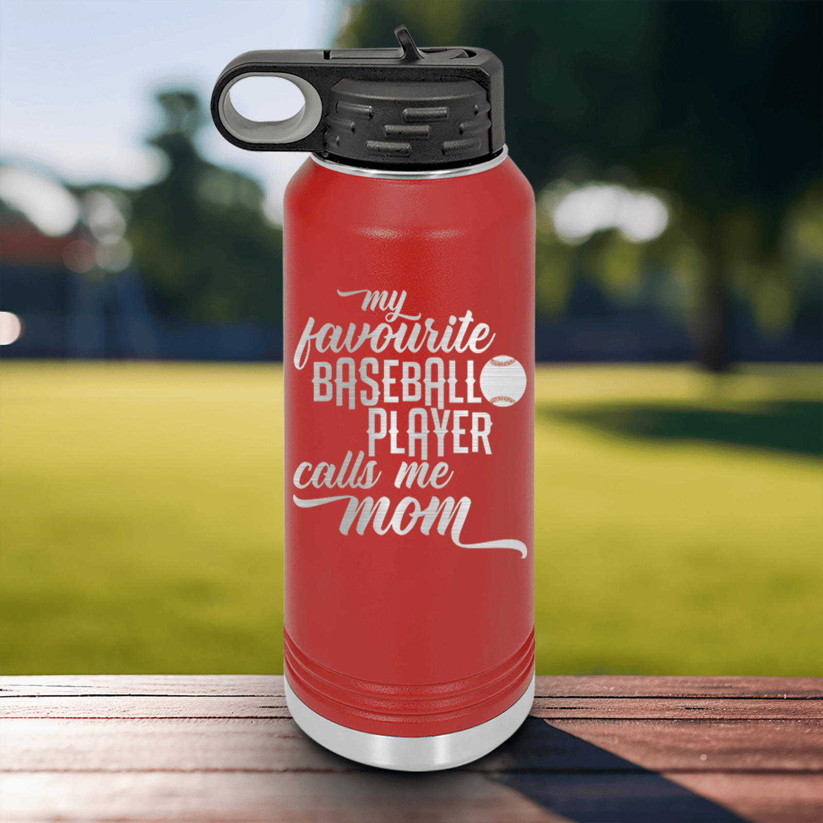 Red Baseball Water Bottle With Moms Mvp On The Diamond Design