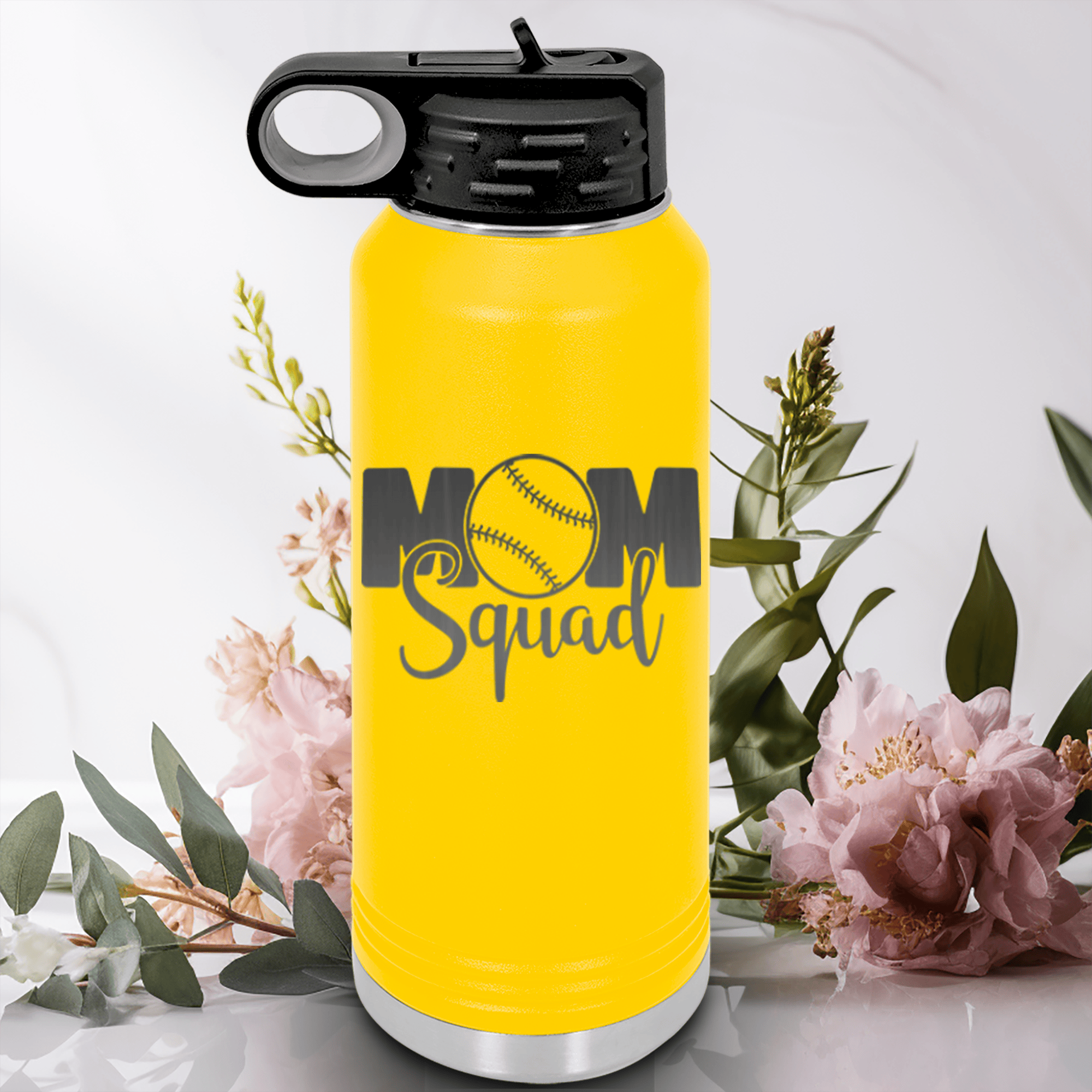 Yellow Baseball Water Bottle With Mothers Of The Mound Design