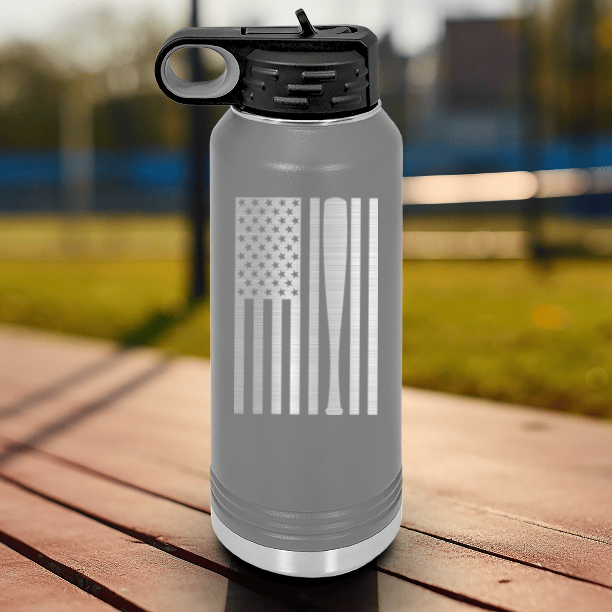 Grey Baseball Water Bottle With Patriotic Baseball Pride Design