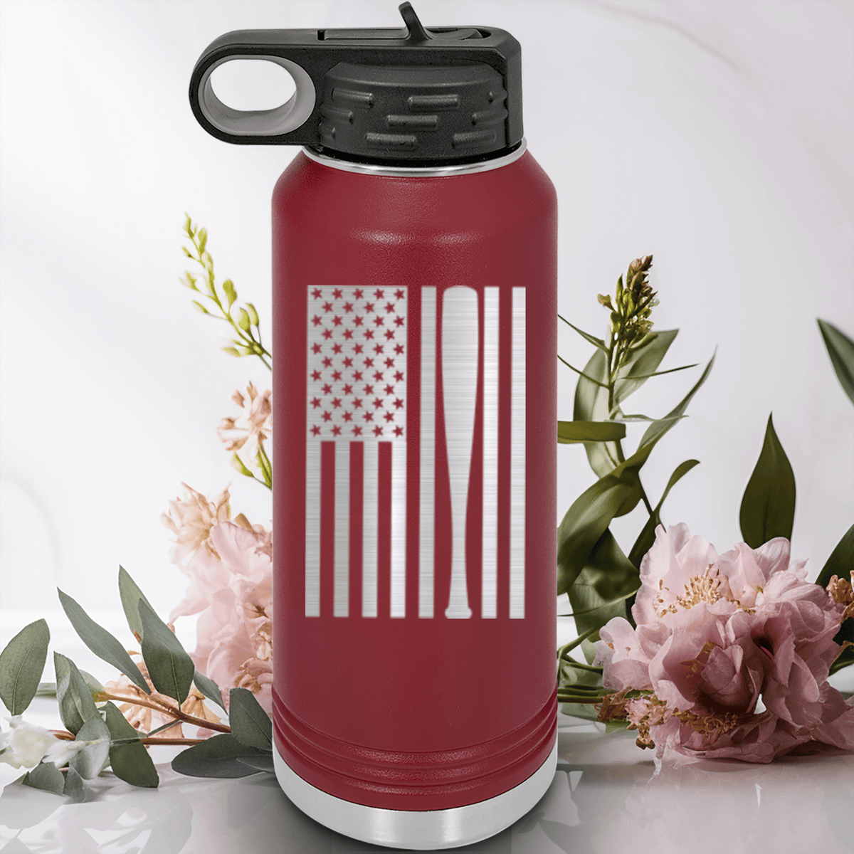 Maroon Baseball Water Bottle With Patriotic Baseball Pride Design