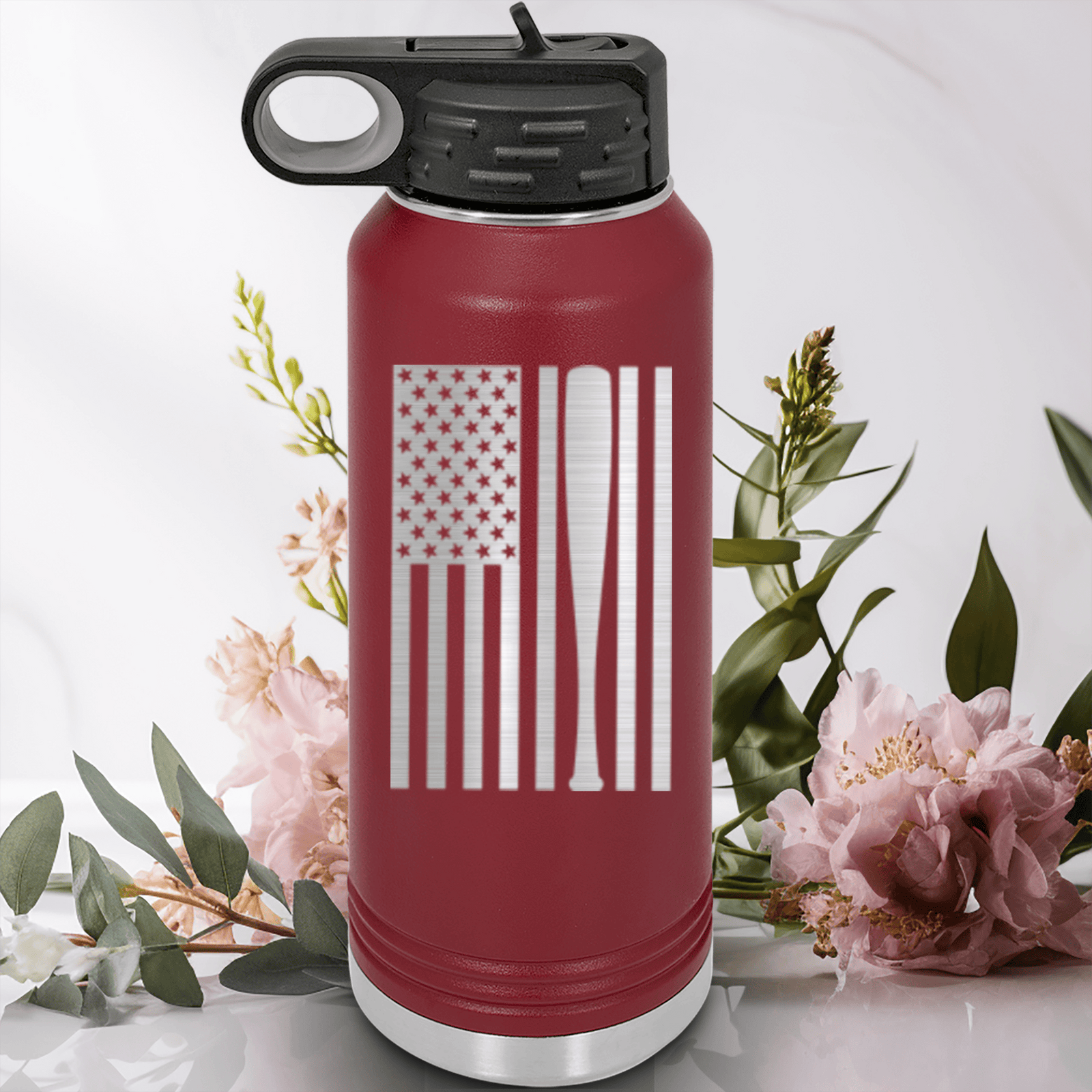 Maroon Baseball Water Bottle With Patriotic Baseball Pride Design