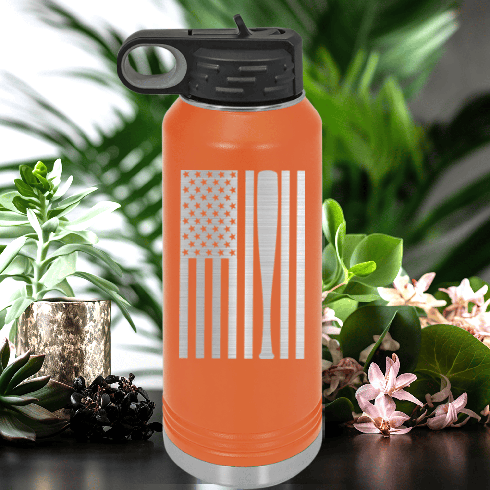 Orange Baseball Water Bottle With Patriotic Baseball Pride Design