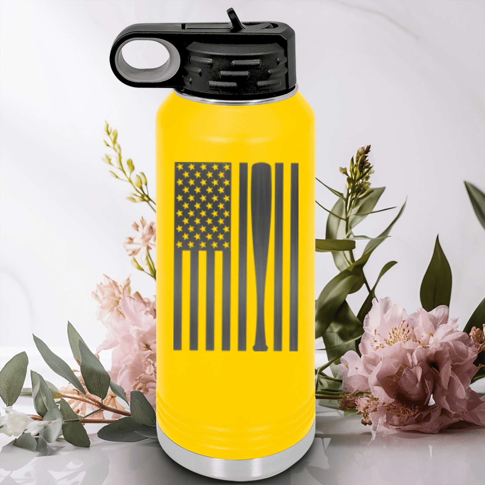 Yellow Baseball Water Bottle With Patriotic Baseball Pride Design