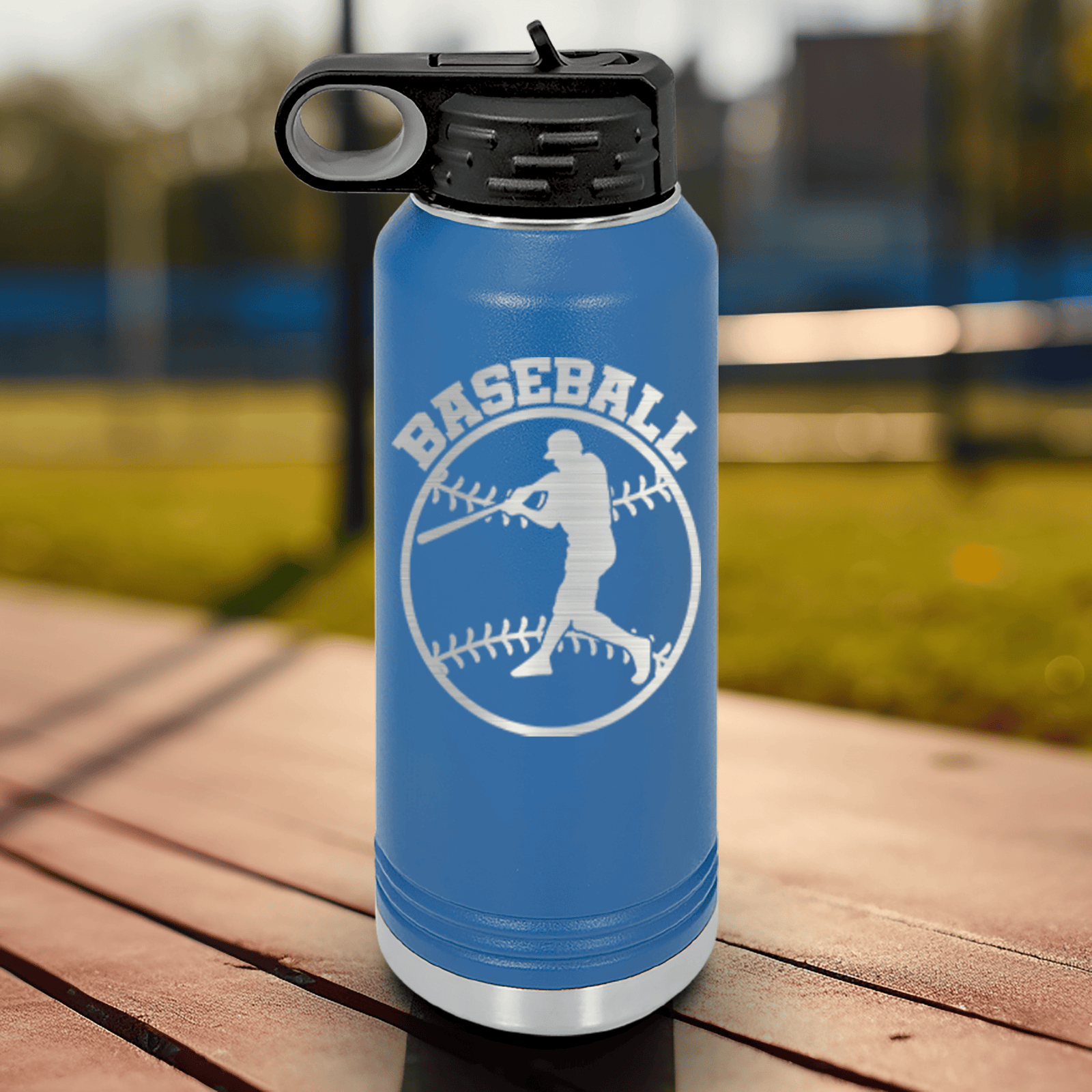 Blue Baseball Water Bottle With Player Spotlight Design