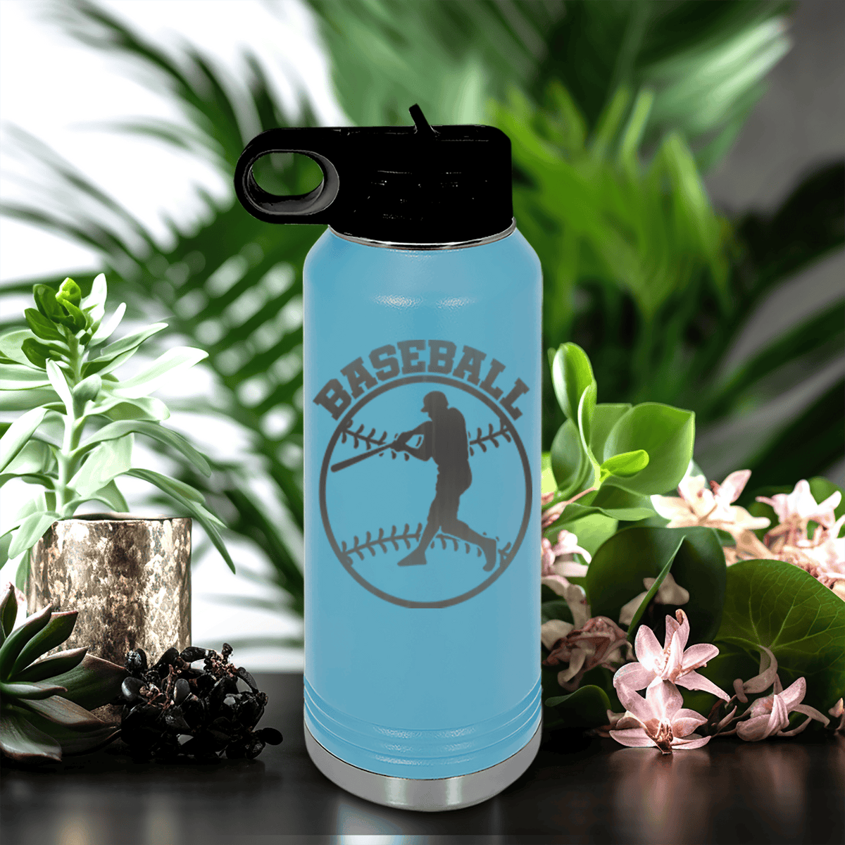 Light Blue Baseball Water Bottle With Player Spotlight Design