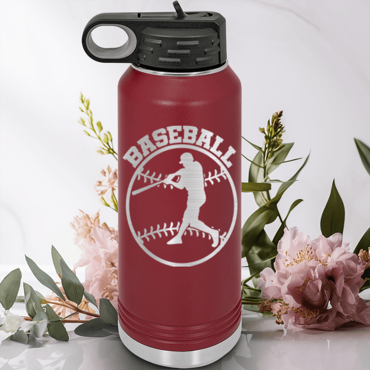 Maroon Baseball Water Bottle With Player Spotlight Design