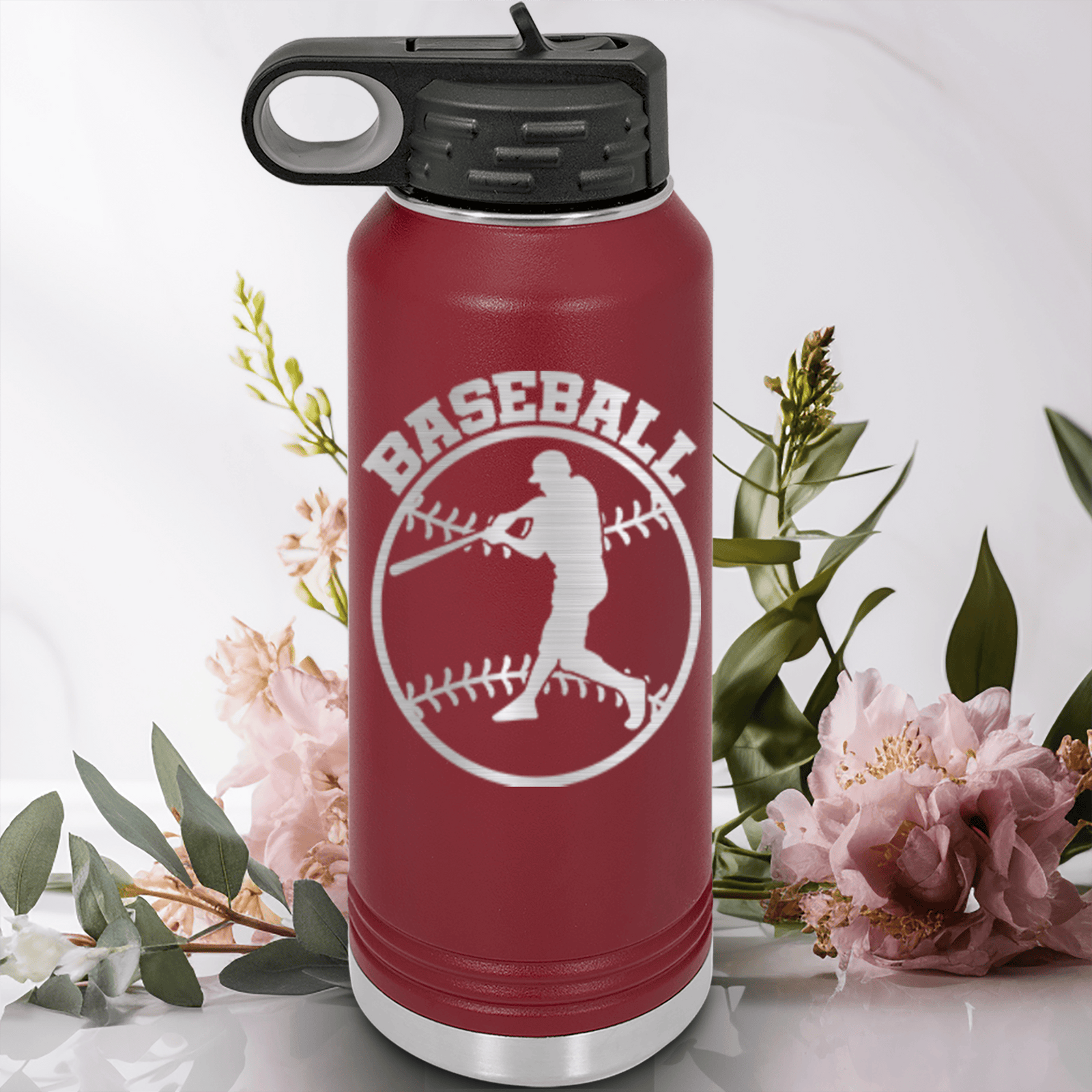 Maroon Baseball Water Bottle With Player Spotlight Design