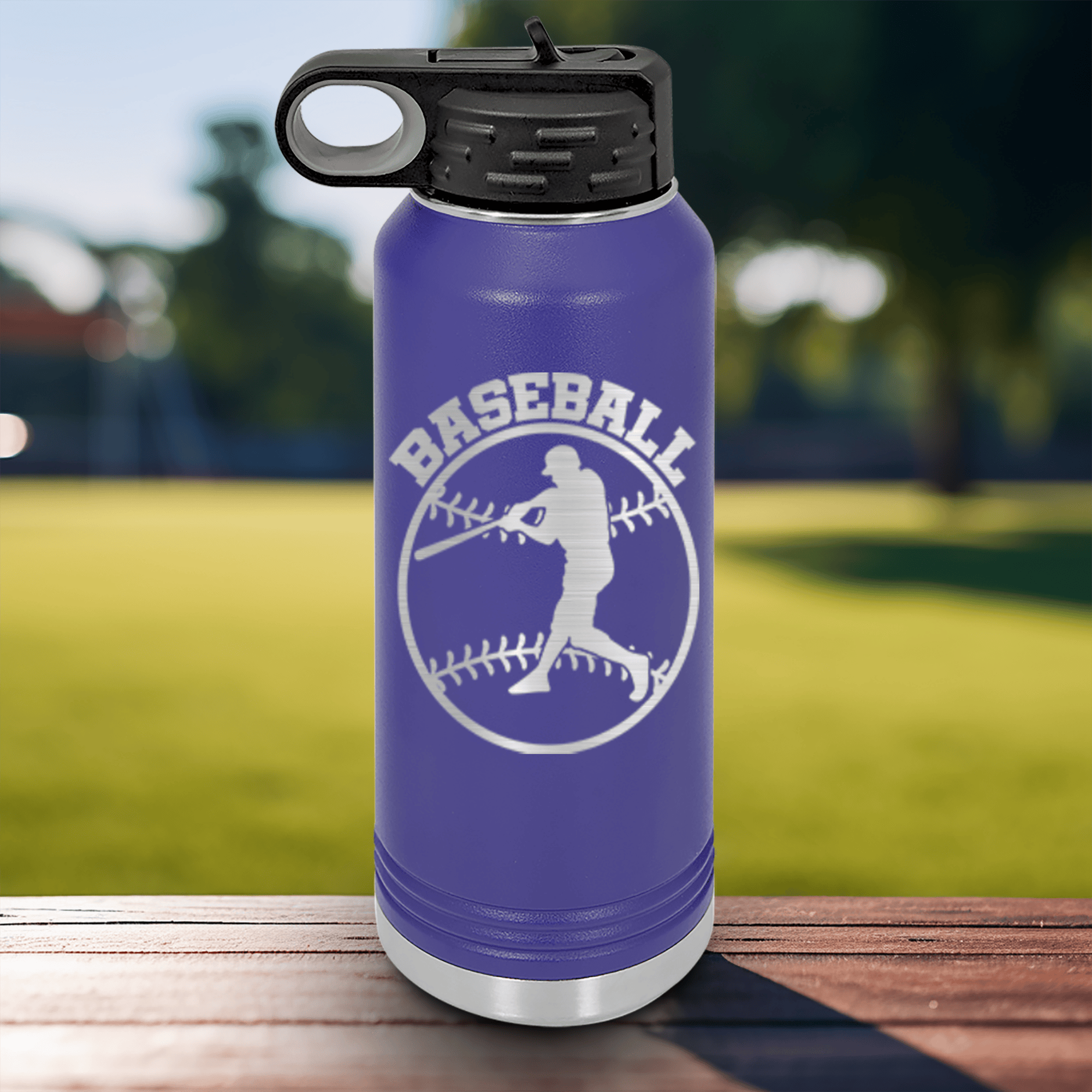 Purple Baseball Water Bottle With Player Spotlight Design