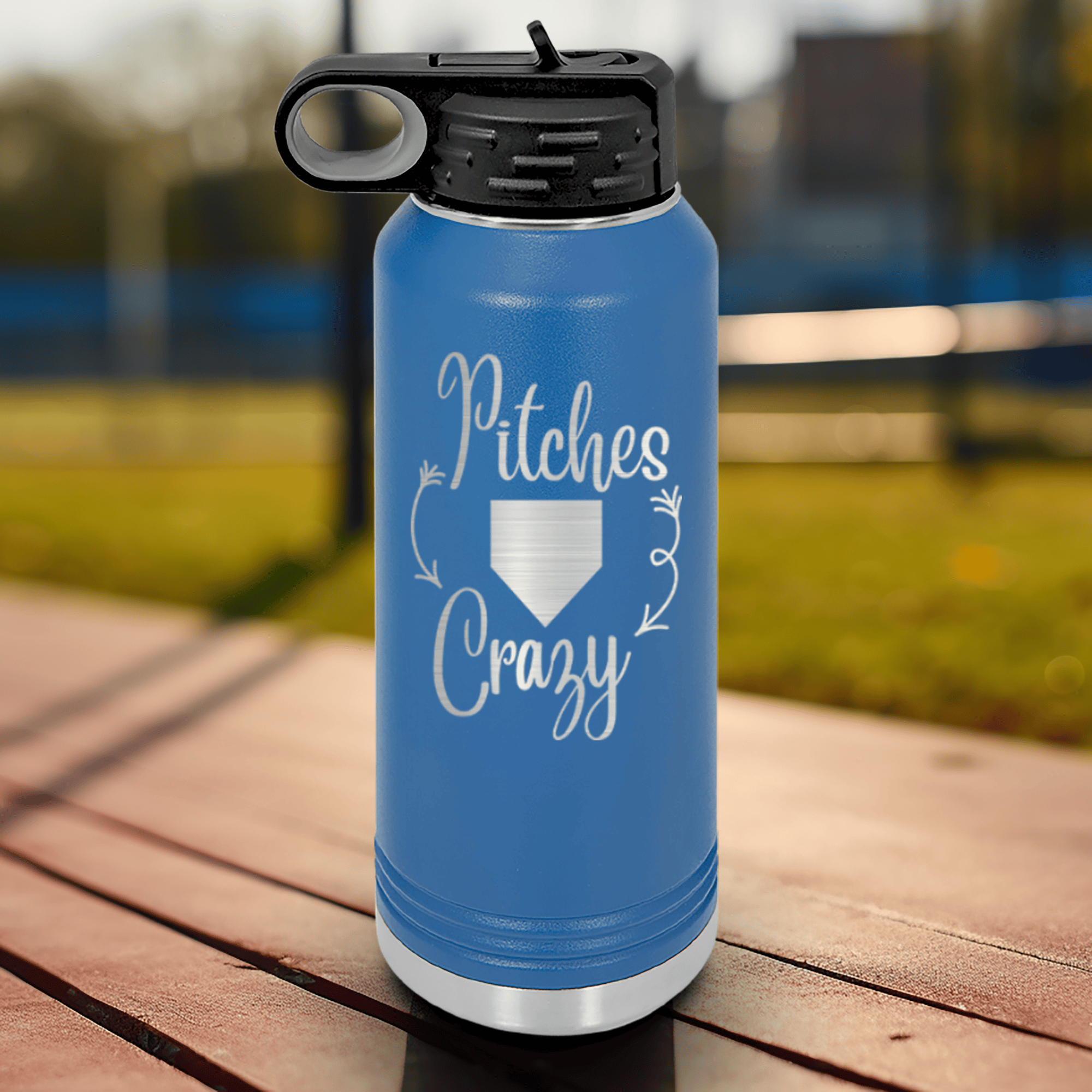 Blue Baseball Water Bottle With Playful Pitch Madness Design