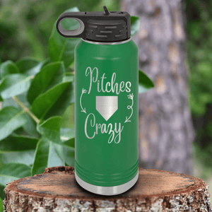Green Baseball Water Bottle With Playful Pitch Madness Design