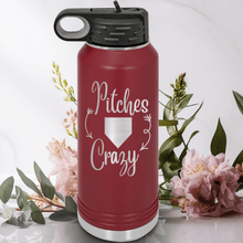 Load image into Gallery viewer, Maroon Baseball Water Bottle With Playful Pitch Madness Design
