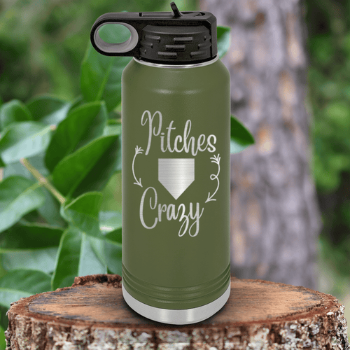 Military Green Baseball Water Bottle With Playful Pitch Madness Design