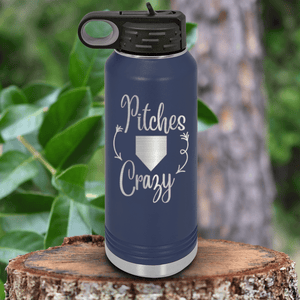 Navy Baseball Water Bottle With Playful Pitch Madness Design