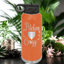 Load image into Gallery viewer, Orange Baseball Water Bottle With Playful Pitch Madness Design
