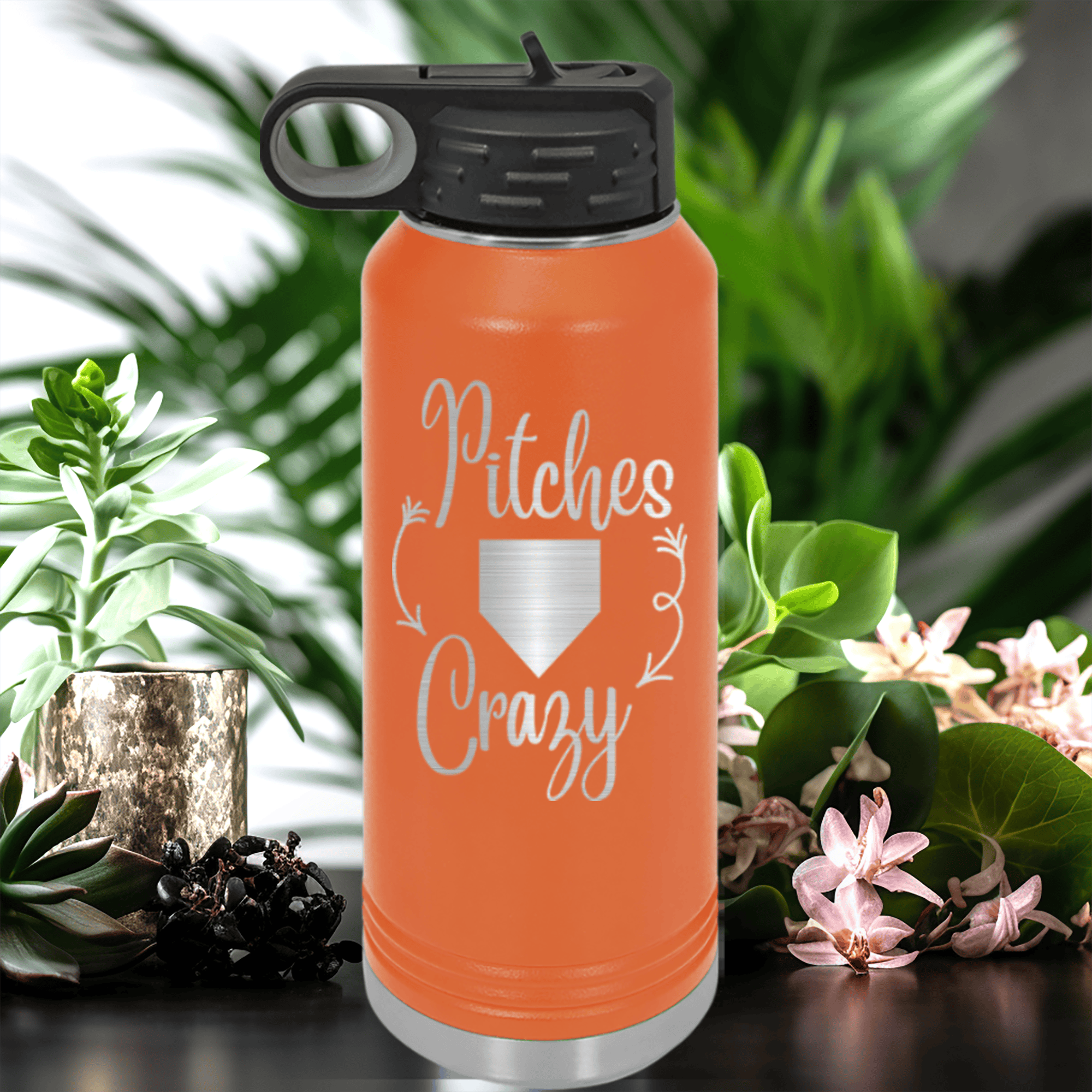 Orange Baseball Water Bottle With Playful Pitch Madness Design