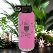 Load image into Gallery viewer, Pink Baseball Water Bottle With Playful Pitch Madness Design
