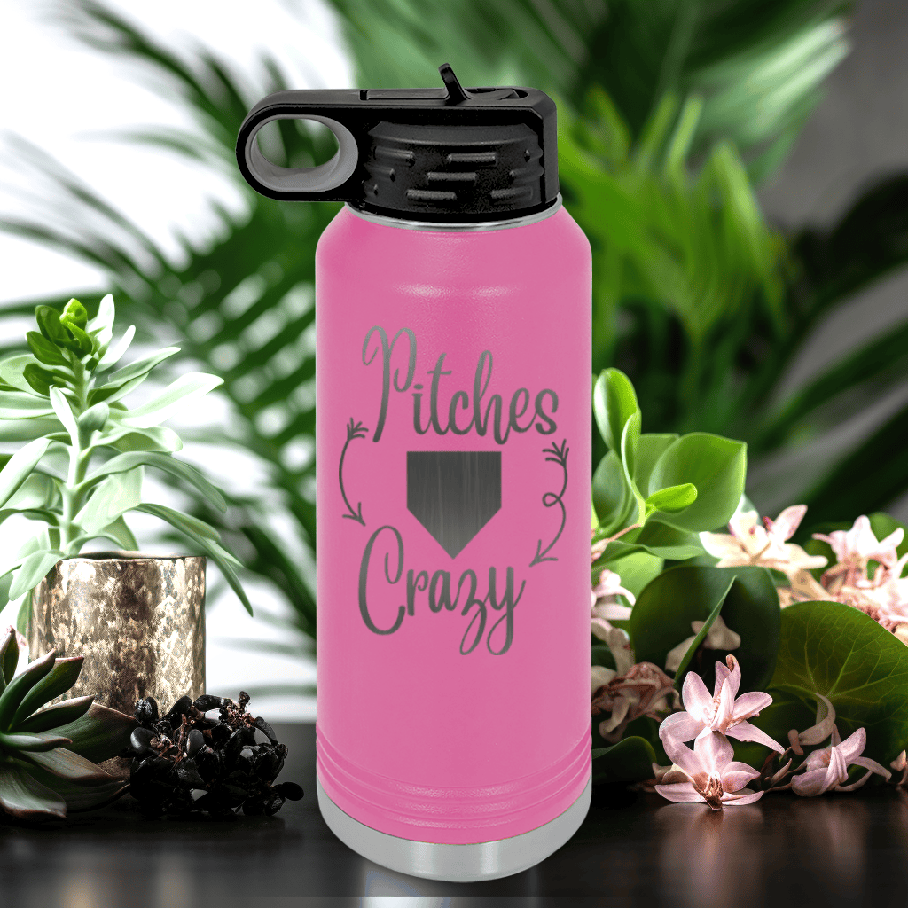 Pink Baseball Water Bottle With Playful Pitch Madness Design
