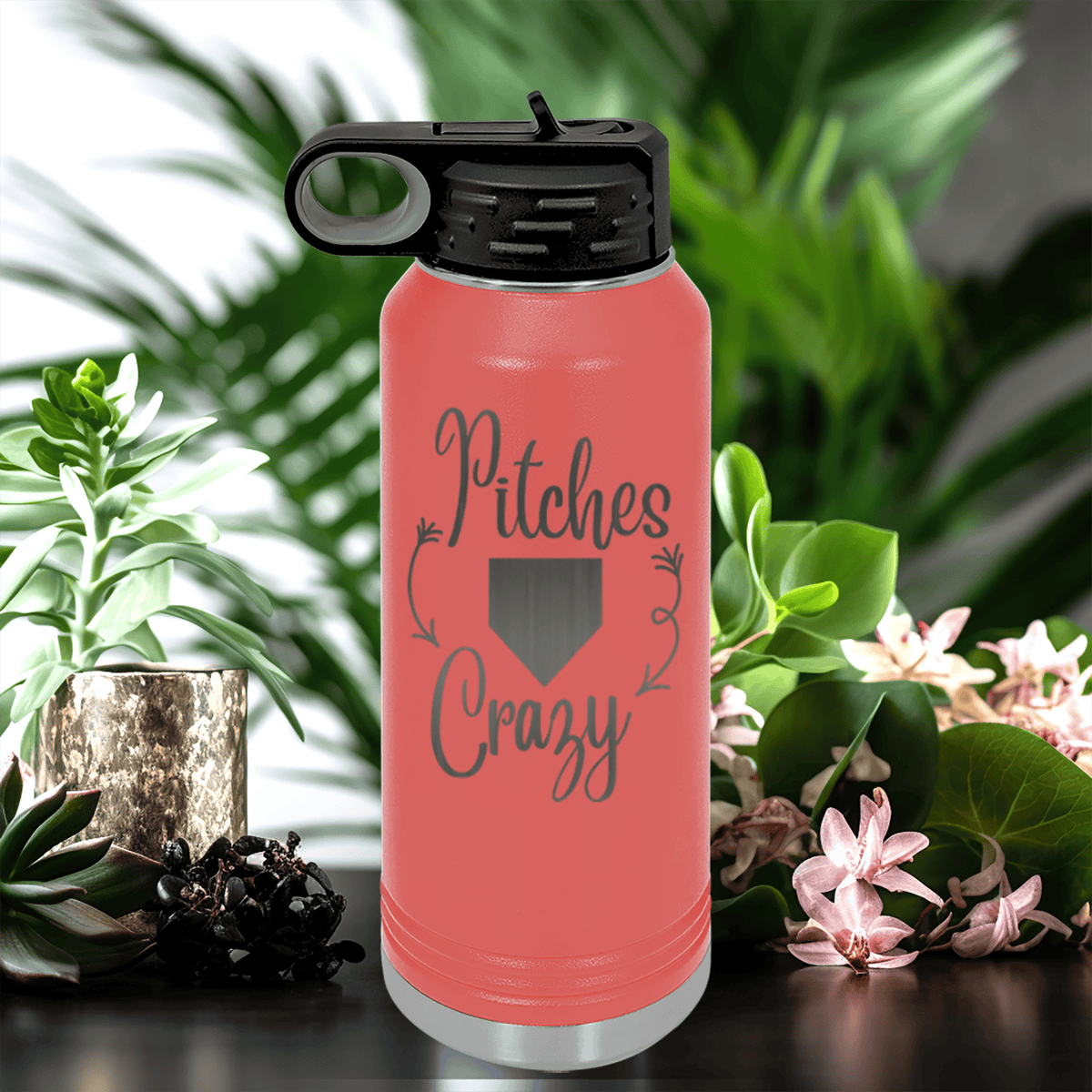 Salmon Baseball Water Bottle With Playful Pitch Madness Design