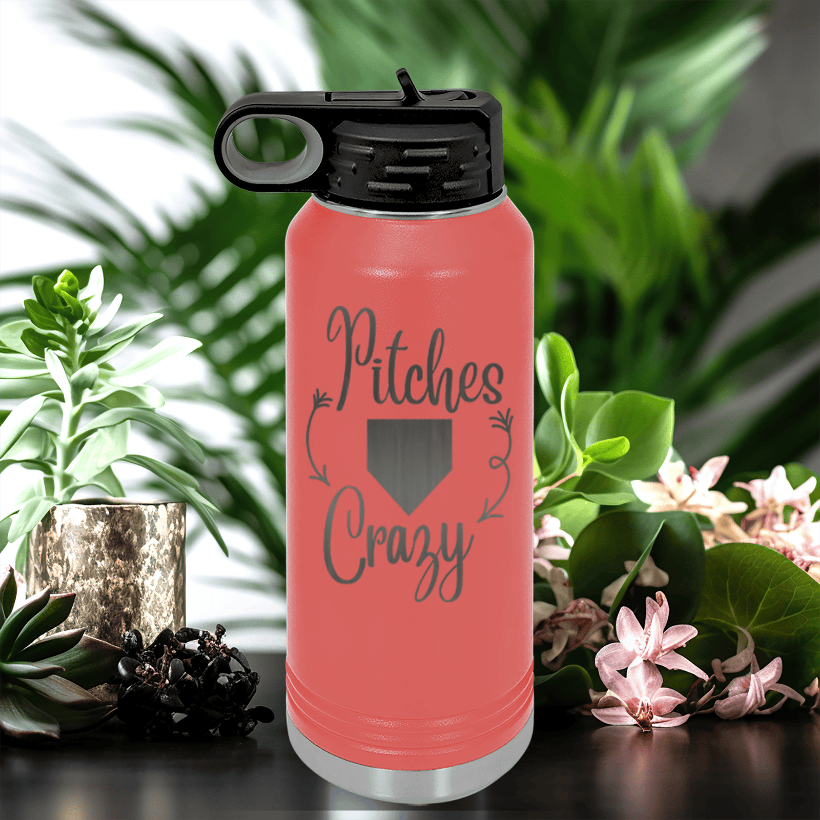 Salmon Baseball Water Bottle With Playful Pitch Madness Design