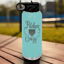 Load image into Gallery viewer, Teal Baseball Water Bottle With Playful Pitch Madness Design
